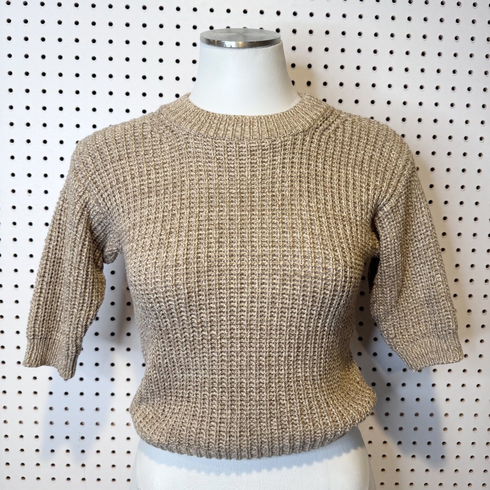 Beachgold | Tan Ribbed 100% Cotton Elbow Length Sleeve Cropped‎ Sweater Size S